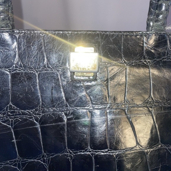 FURLA Vintage Black Tote Shoulder Bag Purse Crocodile Embossed Structured Square - Picture 10 of 13